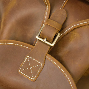 Close-up of a brown leather bag with stitching details