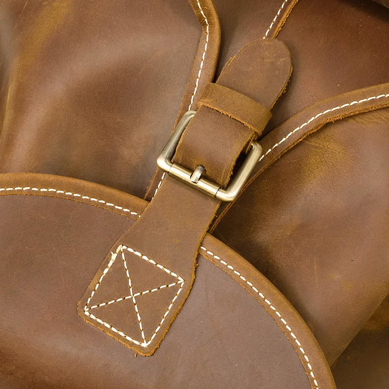 Close-up of a brown leather bag with stitching details