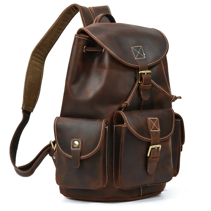 Brown leather backpack on a white background
