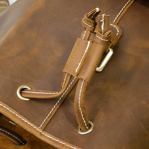 Close-up of a brown leather bag with stitching details