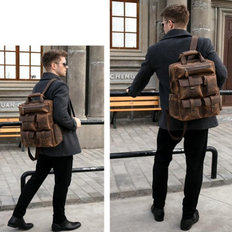 crrazy leather backpack Crazy Horse Multi-Pocket Genuine Leather Backpack