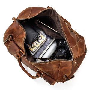 Vintage Crazy Horse Leather Travel Bag With Shoe Pocket