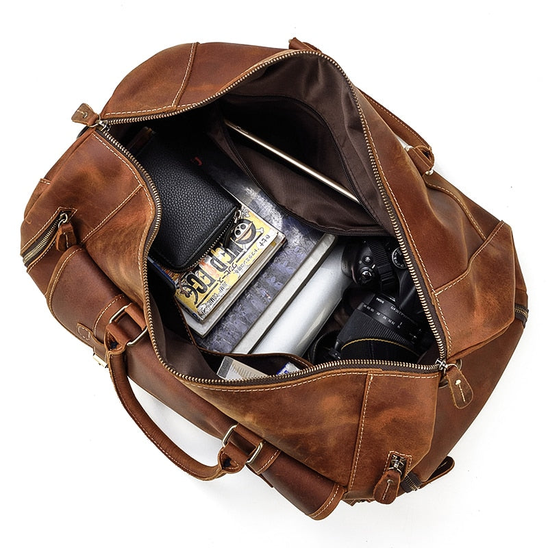 Vintage Crazy Horse Leather Travel Bag With Shoe Pocket