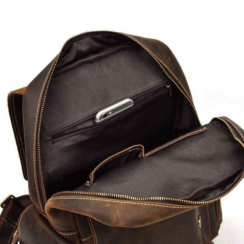 Open Leather Backpack with iPhone in pocket