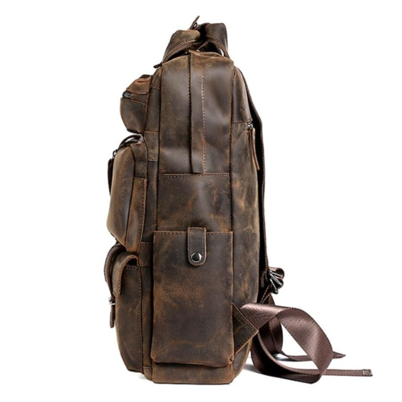 crazy horse mens leather backpack Crazy Horse Multi-Pocket Genuine Leather Backpack
