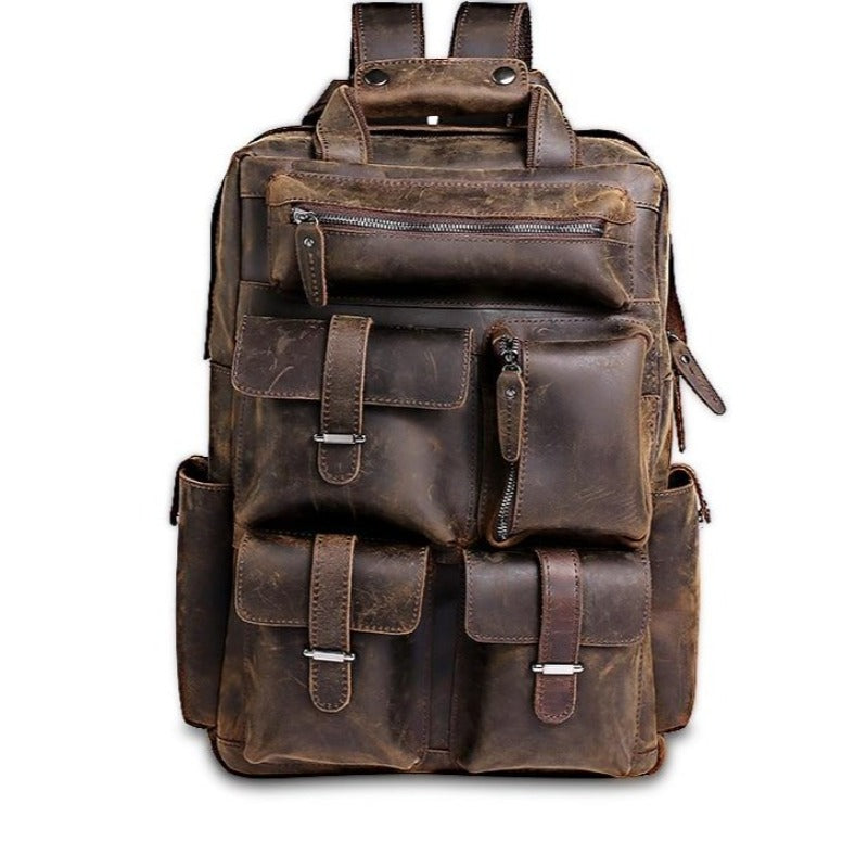 Crazy Horse Multi-Pocket Genuine Leather Backpack BLINK