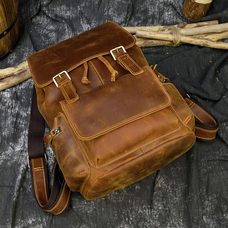 MAHEU Men Genuine Leather Casual Backpack Crazy Horse Vintage Style Travel Backpack Men Women Leather School Bag